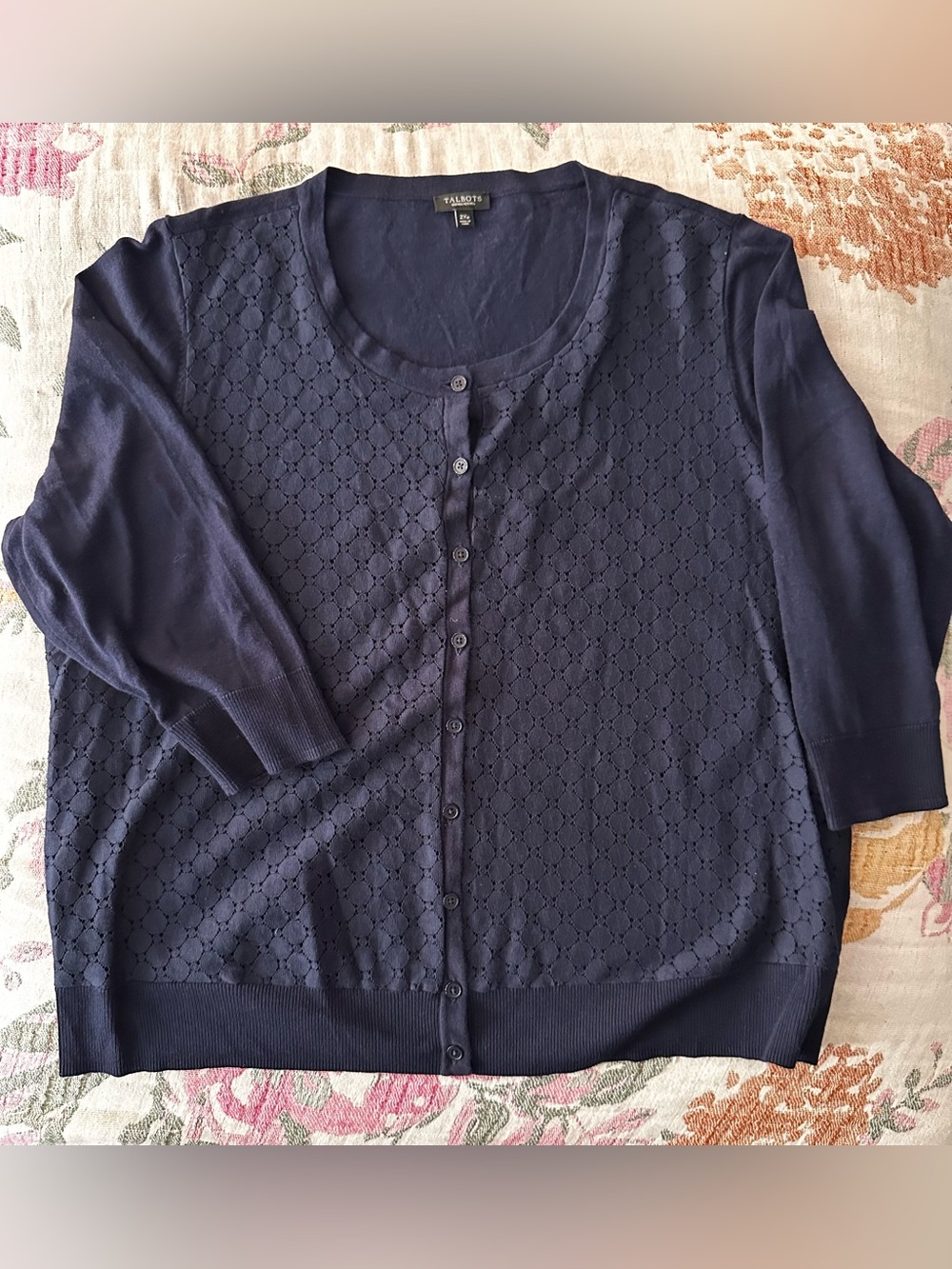 Talbots Navy Eyelet Front Button Cardigan |Petite 2x| EUC